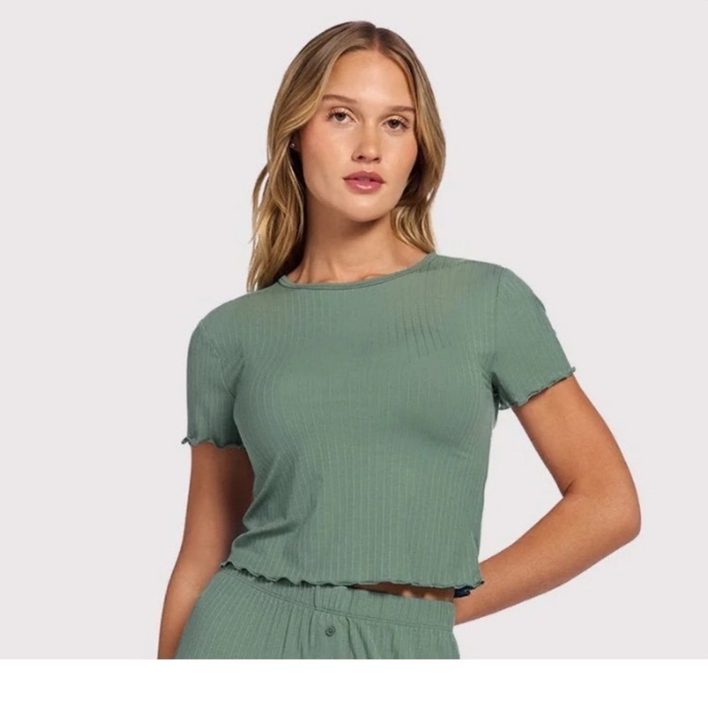Nuuds Women Agave Daze Ribbed Baby Tee Short Sleeve Lettuce Edge Modal Small